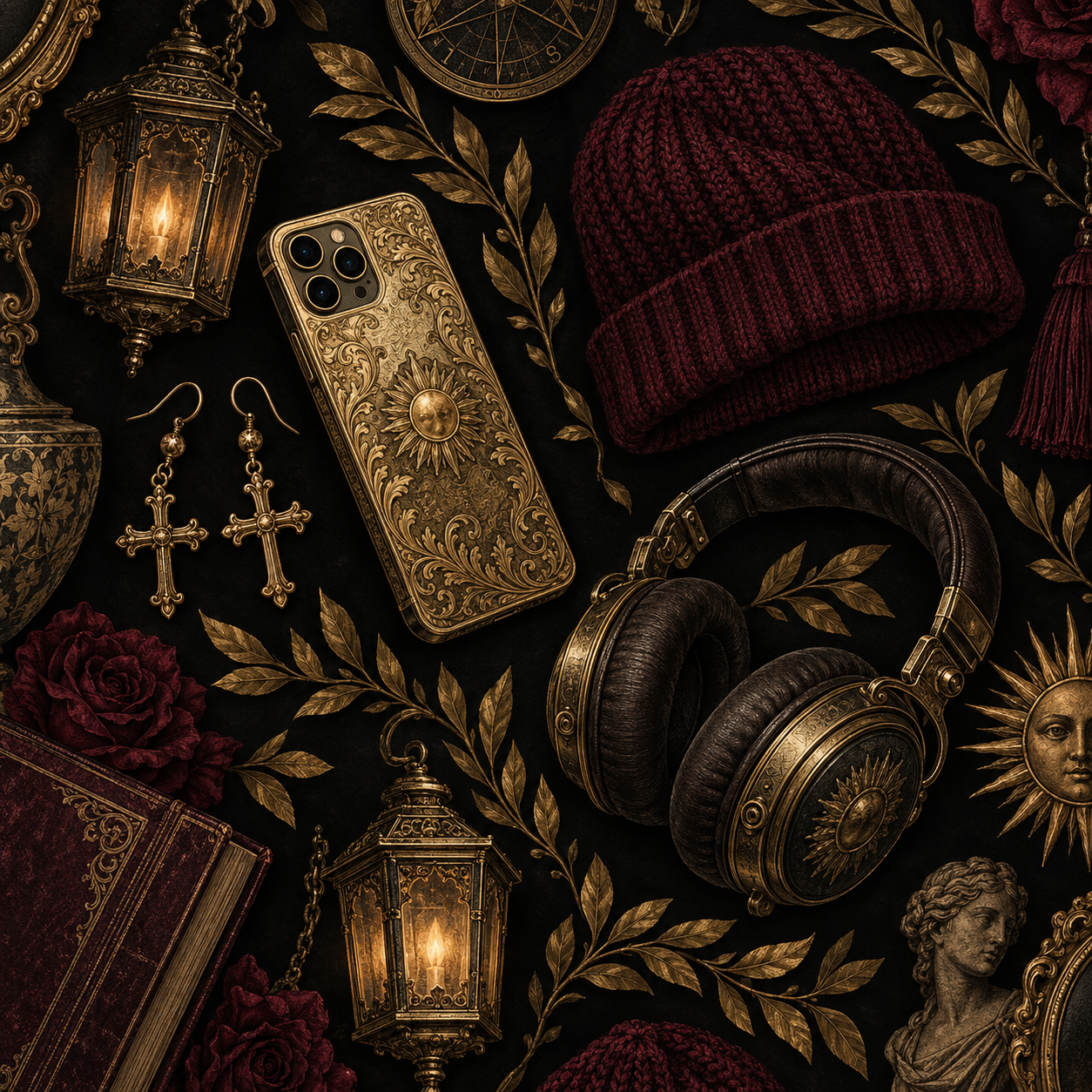 Hand-painted gold smartphones, cross earrings, headphones and burgundy beanies
